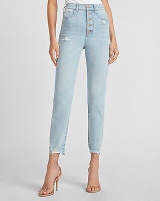 Super High Waisted Button Fly Ripped Raw Hem Slim Jeans | Express
