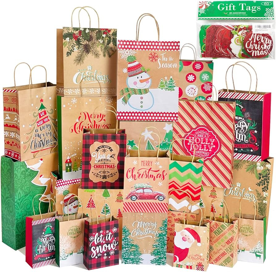 Party Funny 24 Kraft Christmas Gift Paper Bags Bulk with handles and 60 Count Christmas Gift Tags... | Amazon (US)