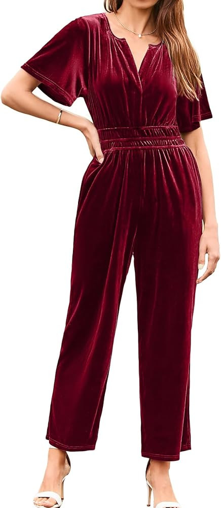 Simplee Womens Short Sleeve Wide Leg Velvet Jumpsuit Dressy V Neck Elastic Waist Formal Jumpsuits... | Amazon (US)
