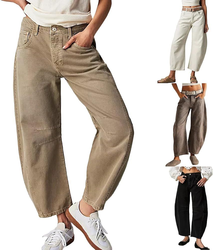 Womens Mid Rise Jeans Wide Leg Mid Waist Y2k Boyfriend Denim Harem Cropped Pants Vintage Barrel J... | Amazon (US)