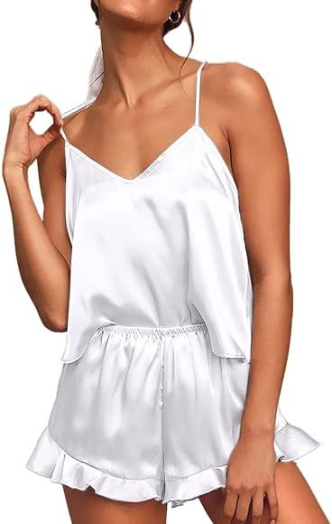 CHYRII Women's Sexy Silk Satin Ruffled Pajamas Sets Cami Shorts Sets Sleepwear | Amazon (US)