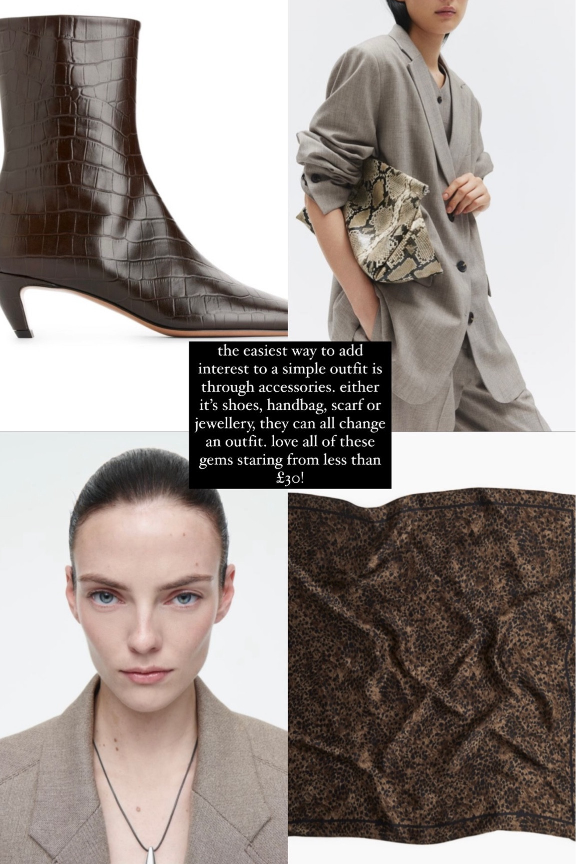 the easiest way to add interest to a simple outfit is through accessories. either it’s shoes, handbag, scarf or jewellery, they can all change an outfit. love all of these gems staring from less than £30!