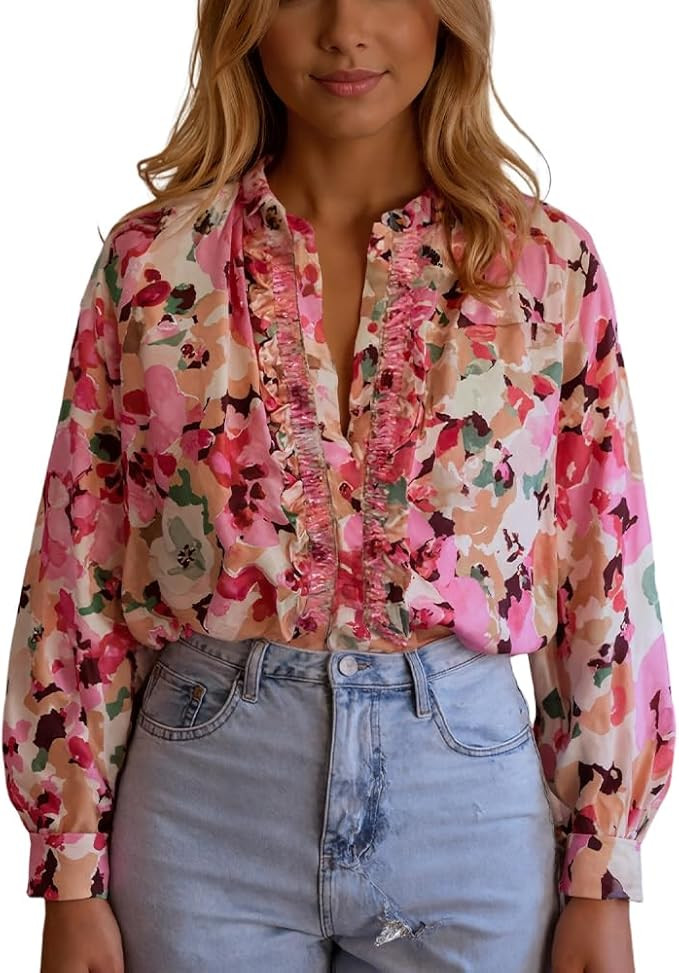 Women's Fall Boho Floral Graphic Lantern Long Sleeve Silky Shirt Tops Button Down Vacation Blouse... | Amazon (US)
