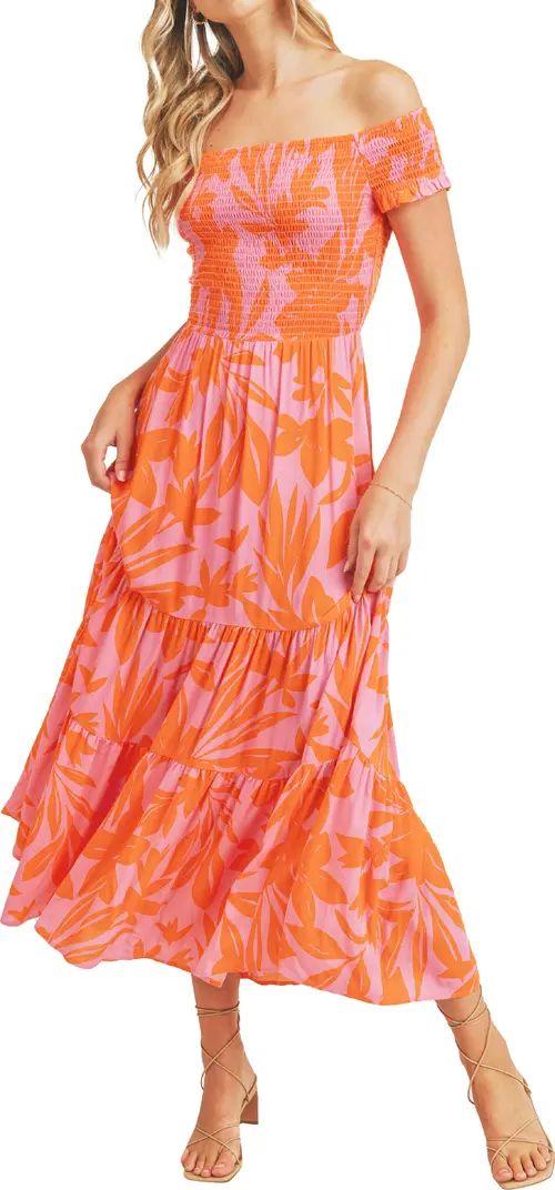 Lush Off-the-Shoulder Smocked Bust Leaf Print Tiered Maxi Dress | Nordstromrack | Nordstrom Rack