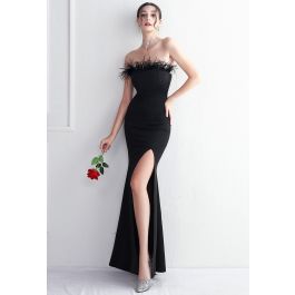 Feather Trim Strapless Slit Gown in Black | Chicwish