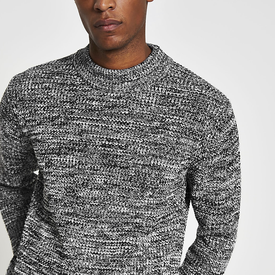 Black knitted waffle slim fit jumper | River Island (UK & IE)