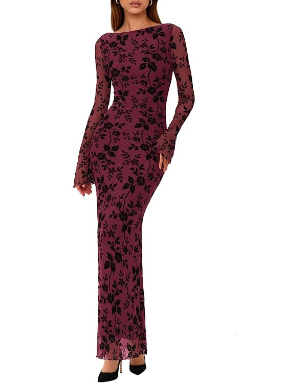 PRETTYGARDEN Women's Floral Bodycon Maxi Dress 2025 Fall Elegant Mesh Long Sleeve Formal Wedding ... | Amazon (US)