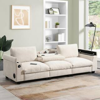 96 in. Flared Arm Chenille Rectangle Sofa in Beige with Bluetooth Speaker, Storage Armrest, Cup Holders, USB Charger | The Home Depot