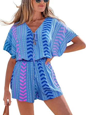 CUPSHE Womens Summer Romper Short Sleeve Plunge V Front Tie Wide Leg Jumpsuit Elastic Waist Beach... | Amazon (US)