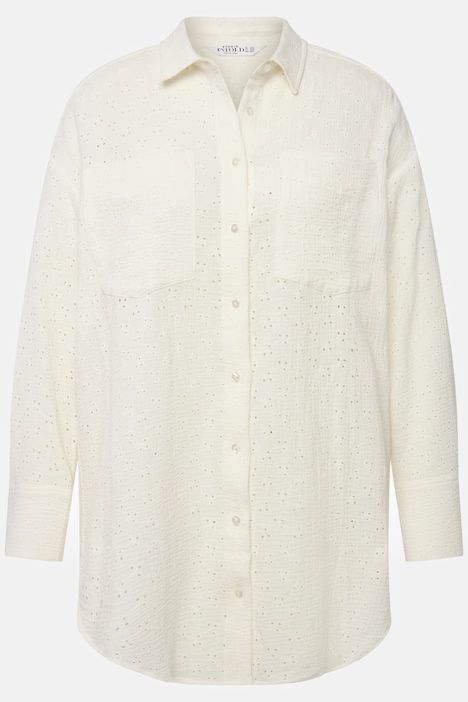 Eyelet Embroidered Button Front Long Sleeve Shirt | Ulla Popken