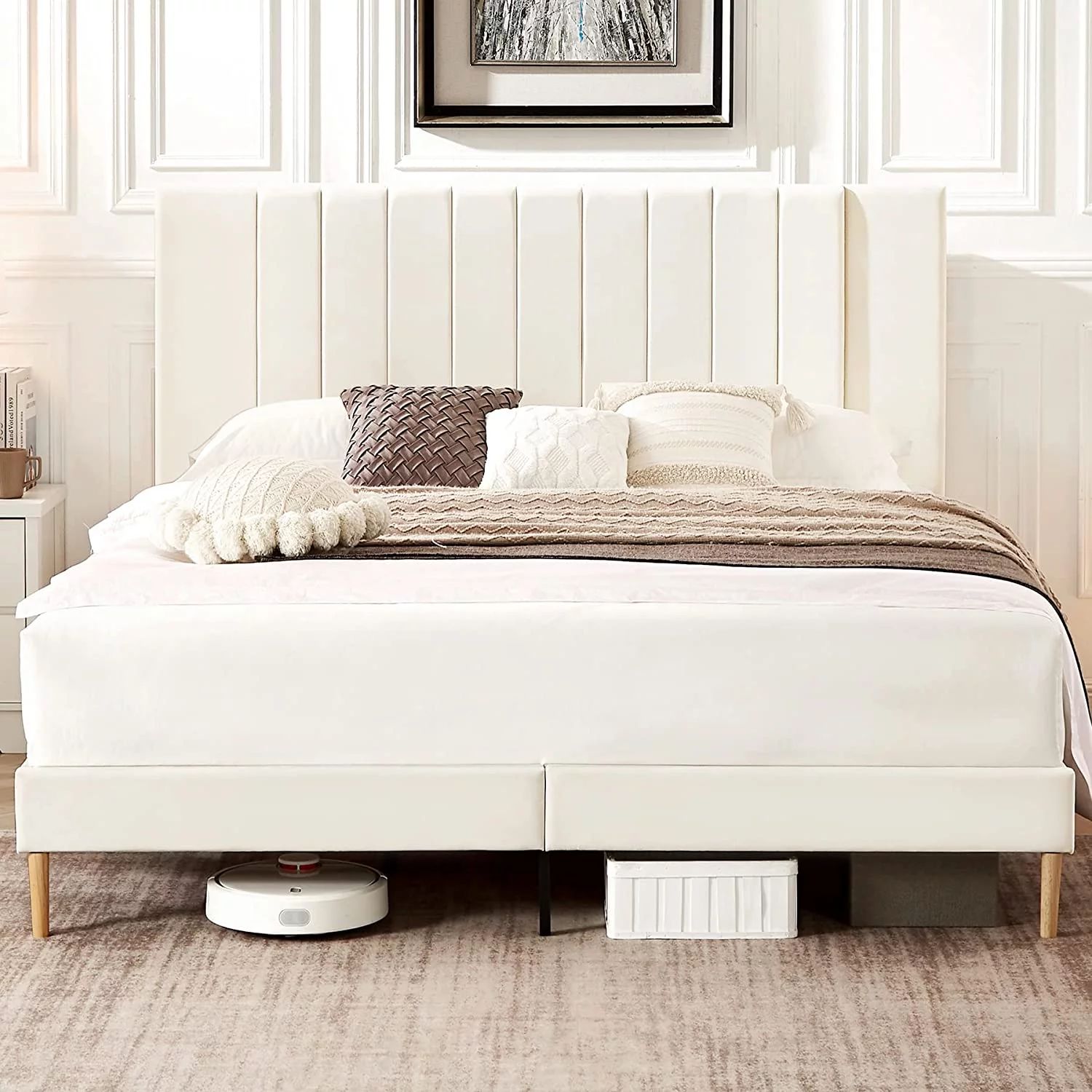 Flolinda King Bed Frame Upholstered Bed Frame  Channel Tufted Bed  | Walmart (US)
