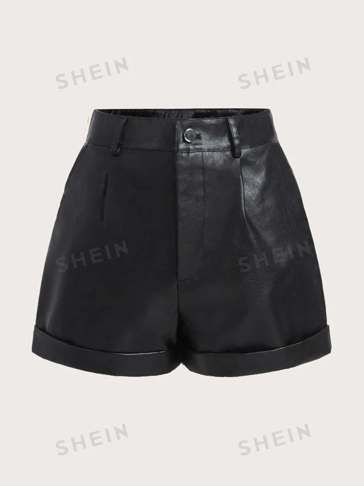 SHEIN EZwear Summer Black Y2k High Waist Roll Up Hem PU Shorts | SHEIN USA | SHEIN