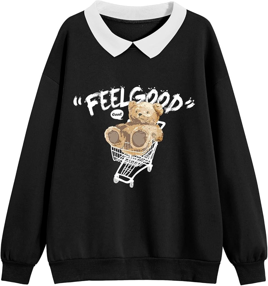 Cute Bear Sweatshirt for Teen Girls Kawaii Cartoon Graphic Collar Sweatshirts Aesthetic Print Hoo... | Amazon (US)