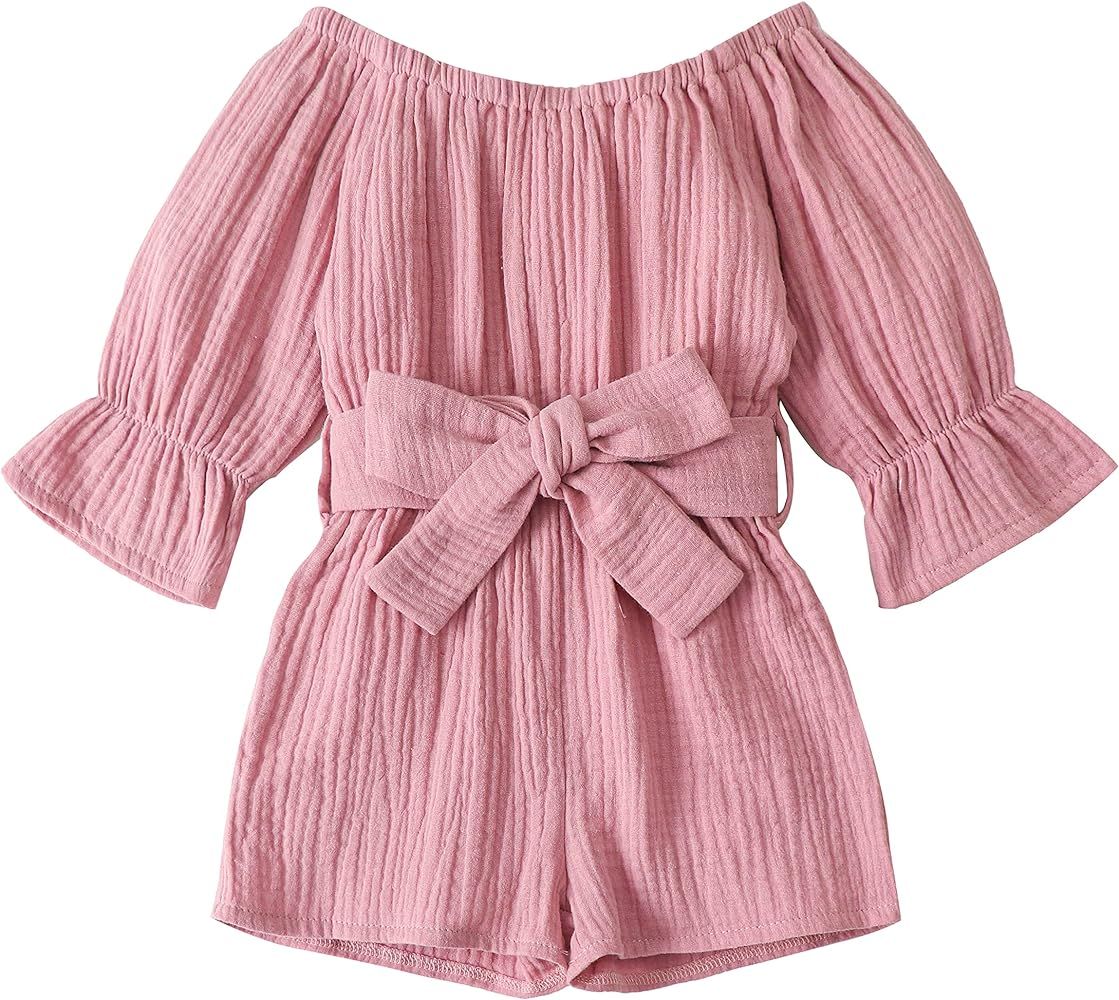 Newborn Baby Girl Romper Clothes Jumpsuit Plain Flare Sleeve One-Piece Shorts Onesies with Belt Infa | Amazon (US)