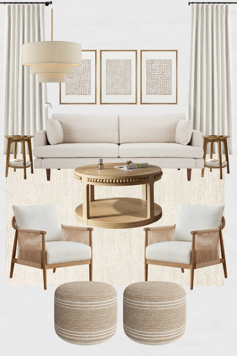 Ivory Living Room Moodboard, Scandi Living Room Decor, Scandinavian Living Room Design Ideas, Cream Sofa, Wood Coffee Table, Wood Side Tables, Beige Ottomans, Cream Curtains, Scandinavian Interiors

#homedecor #scandihome #scandinavianlivingroom #ivorylivingroom #whitelivingroom #creamcouch #instahome #cozyhome #homeinspo 

 #LTKHome #LTKSaleAlert
