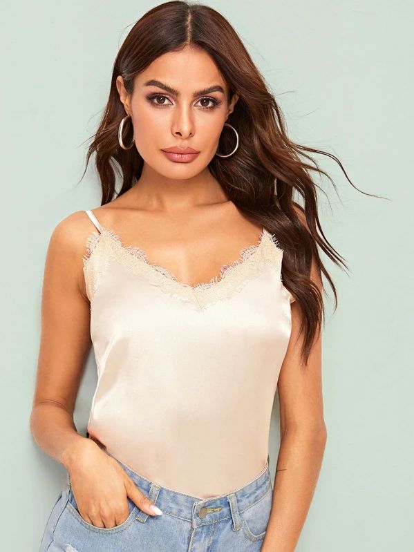 Contrast Lace Satin Cami Top | SHEIN