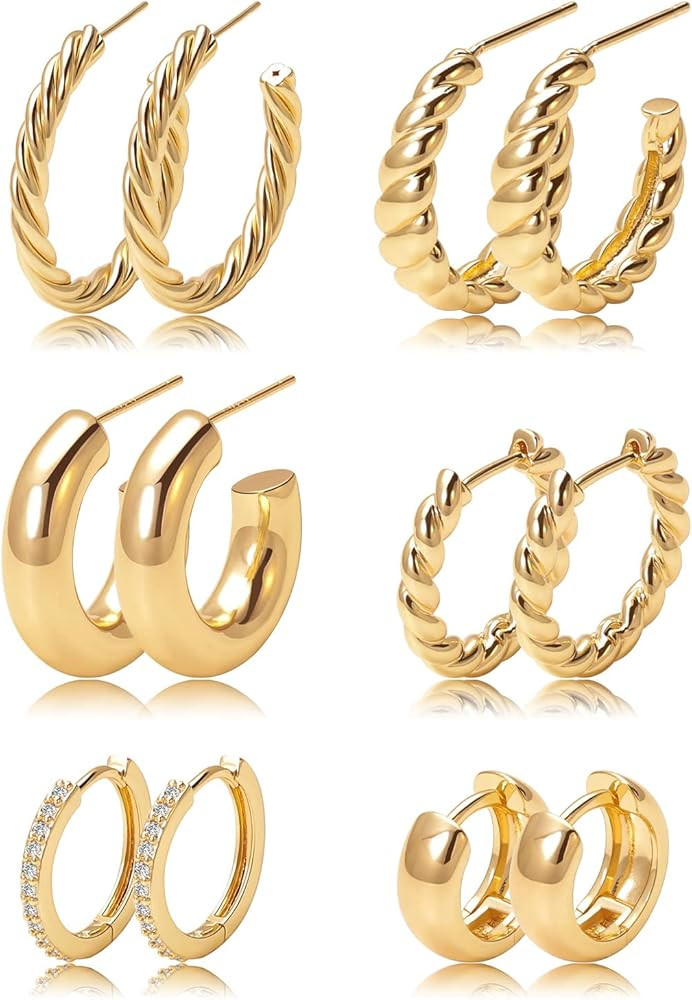 Berryki Gold Hoop Earrings Set for Women, 14K Gold Plated Hoop Earrings,Hypoallergenic Chunky Small  | Amazon (US)
