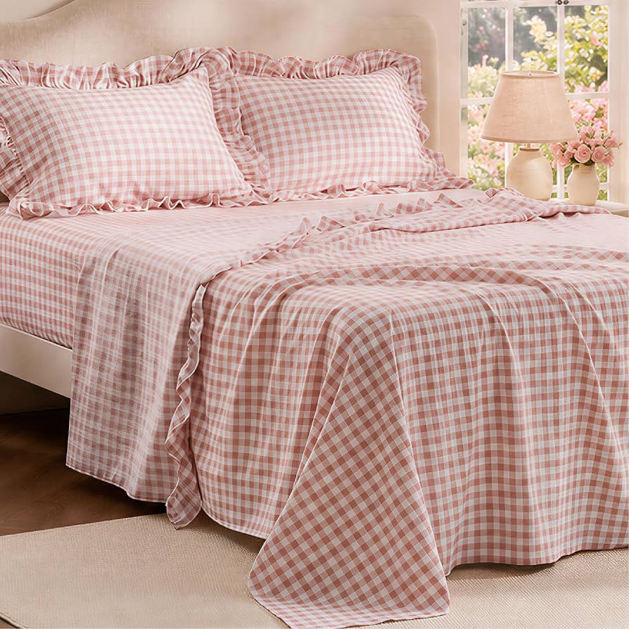 Bedsure Pink Gingham Sheets Queen Size, Plaid Ruffle Cute Bed Sheets 4 Pcs     Imitation Cotton T... | Amazon (US)