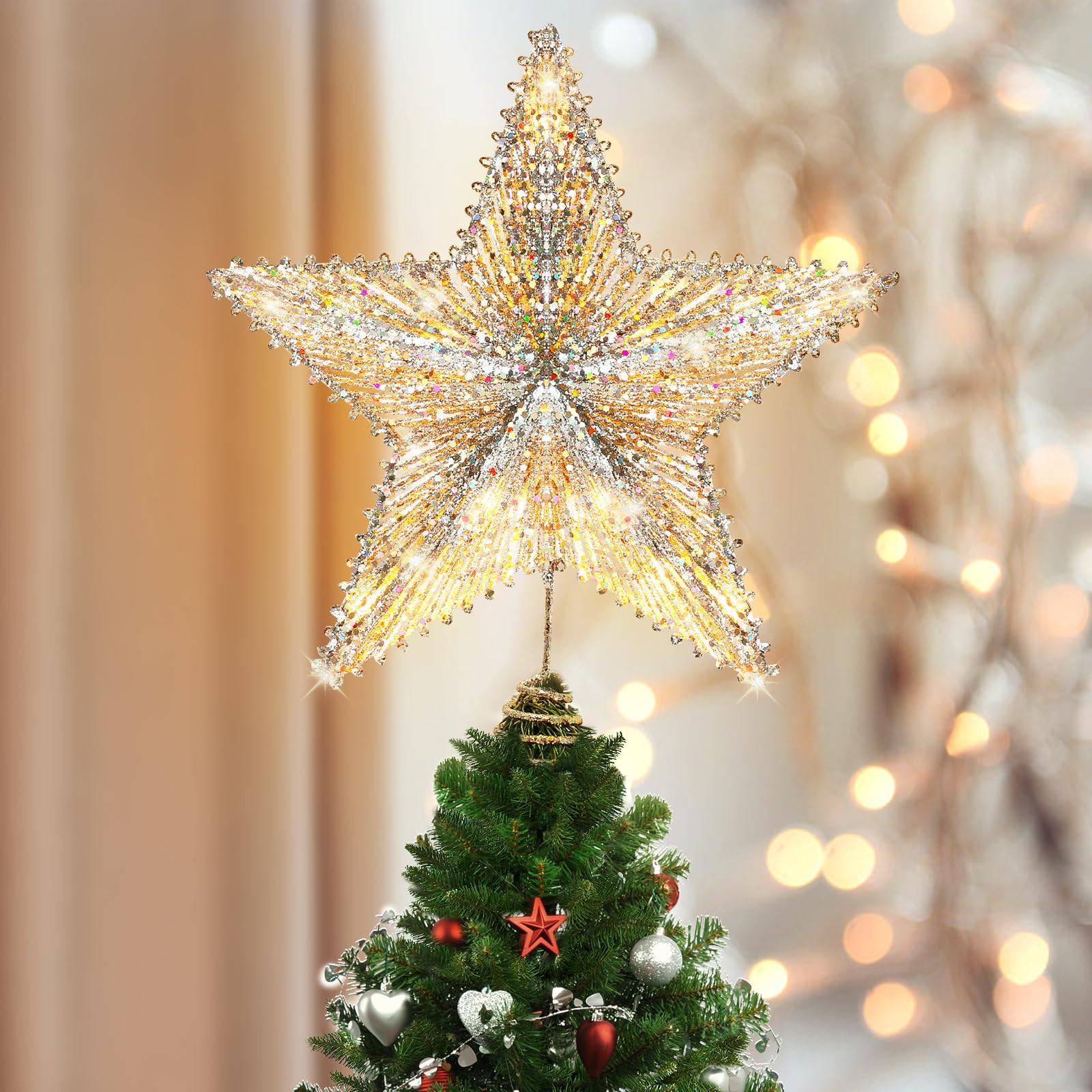 Luxspire Christmas Tree Star Topper, LED Glitter Metal 3D Christmas Decorations Lights, Remote & USB Operated Star Treetop for Home party, 6H Timer & 8 Lighting Modes, Champagne Gold | Amazon (US)
