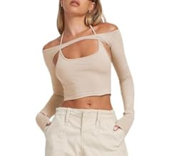 Remidoo Women's Sexy Off The Shoulder Cut Out Halter Long Sleeve Crop Top T Shirt | Amazon (US)