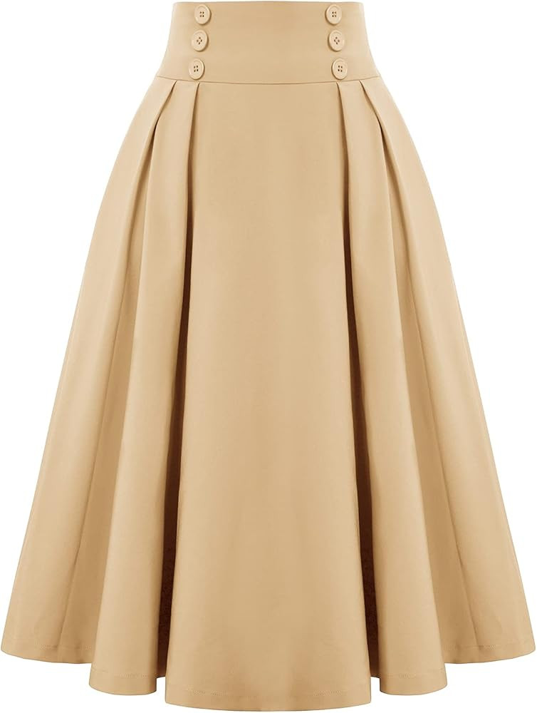 Belle Poque Women Vintage Skirt High Waist Pleated Skirt Midi A-Line Skirt with Pockets | Amazon (US)