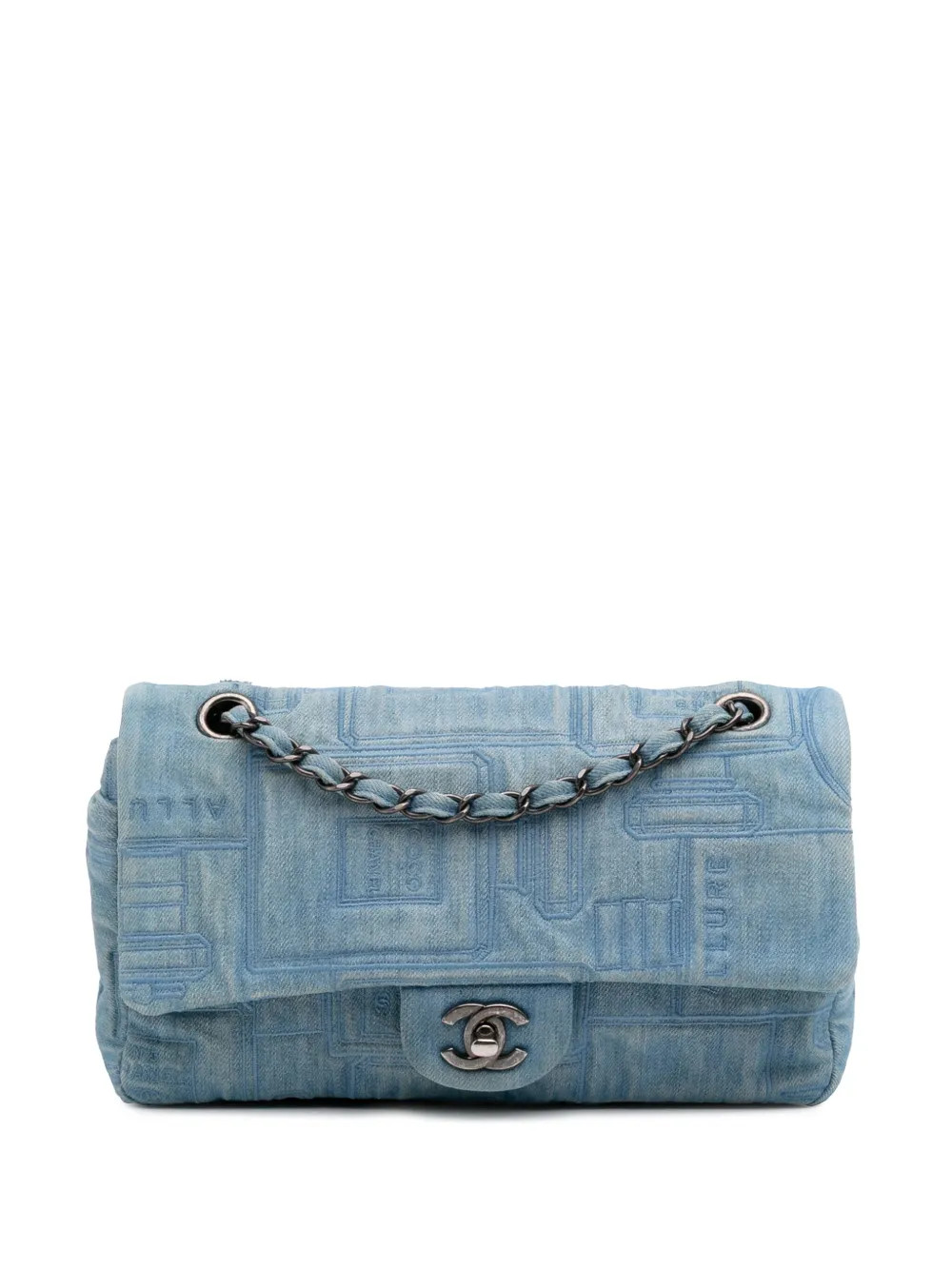 CHANEL Pre-Owned 2016-2017 Medium Embroidered Denim Perfume Bottle Single Flap shoulder bag - Blue | Farfetch Global