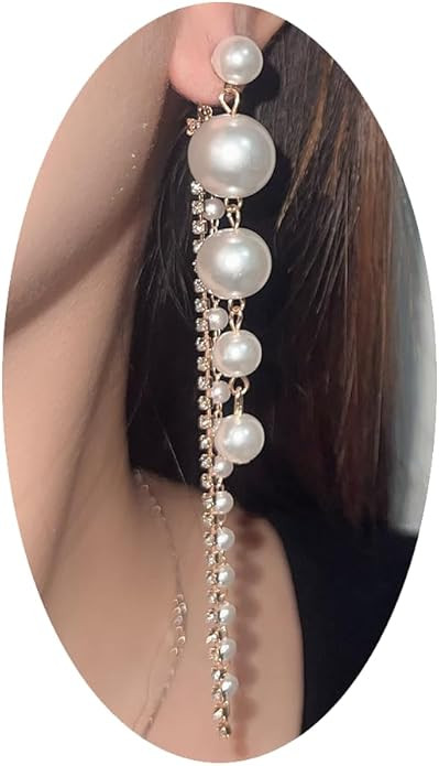 Long Pearl Drop Dangle Earrings for Women,Dainty Boho Pearl Tassel Earrings,Wedding Pearl Chain E... | Amazon (US)