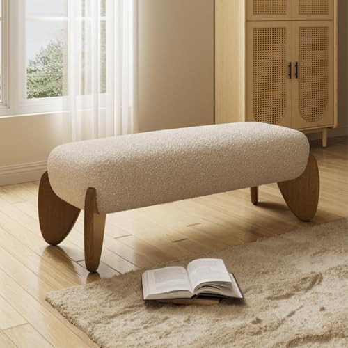 HEAH-YO Entryway Bench, End of Bed Bench with Upholstered Sherpa Cushion, 50” Modern Ottoman with Wood Legs for Bedroom Living Room, Beige | Amazon (US)