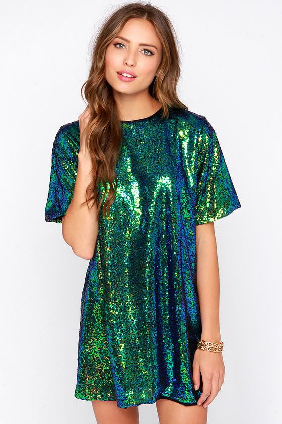 Siren A Flash Blue and Green Sequin Shift Dress | Lulus (US)