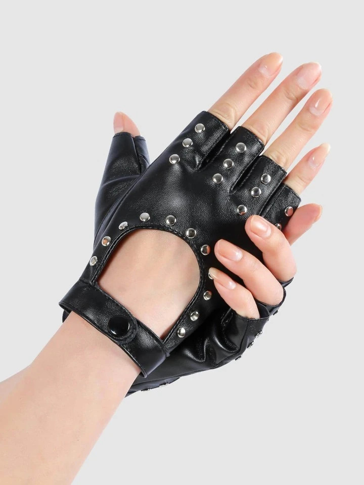 1pair Cut Out Studded Decor Fingerless Cycling Gloves | SHEIN