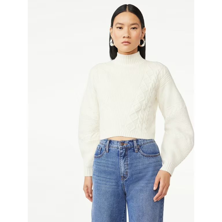 Scoop Women's Crop Cable Pullover Sweater with Long Sculpted Sleeves, Sizes XS-XXL | Walmart (US)