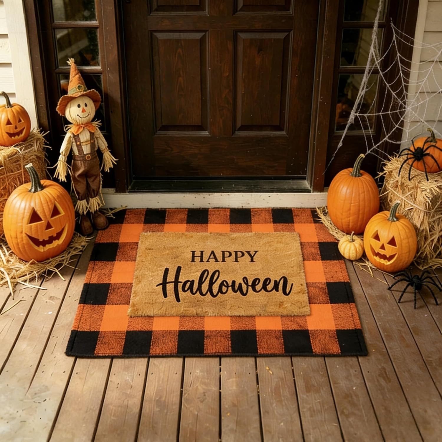 SEEKSEE Happy Halloween Decor Doormat Set, Thick Coco Coir Door Mat + Orange and Black Buffalo Plaid Rug, Outdoor Layered Mat for Front Door Non-Slip Backing Floor Mat for Porch | Amazon (US)