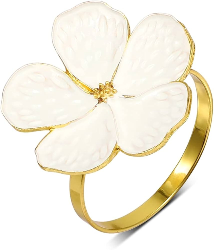 Bochino Napkin Rings Set of 6 Gold Napkin Rings Holders White Flowers Napkin Buckles Elegant Napk... | Amazon (US)