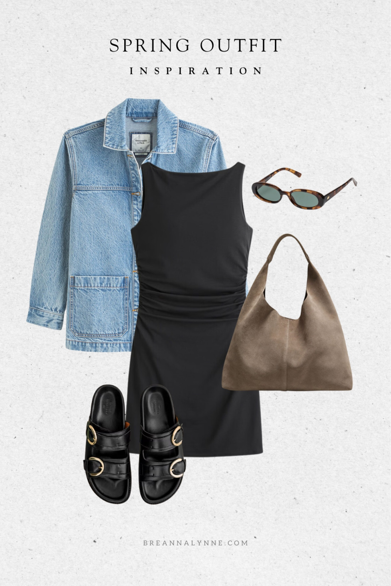 Spring outfit inspiration. Black mini dress, oval sunglasses, denim shirt jacket, suede tote bag, black buckle sandals 

#LTKfindsunder100 #LTKSeasonal #LTKfindsunder50