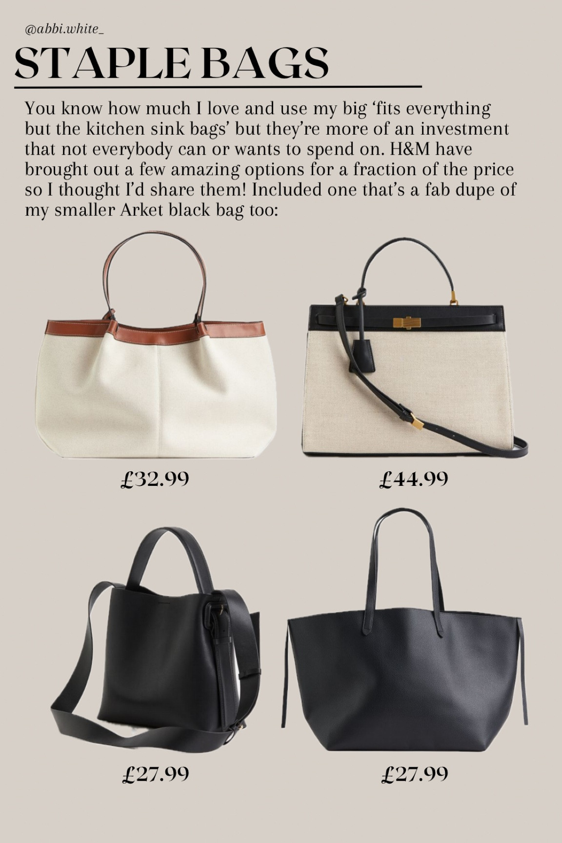 Staple, more affordable bags that fit everything but the kitchen sink (perfect for corporate girlies) and a great dupe of my Arket smaller bag 

#LTKSeasonal #LTKstyletip #LTKworkwear