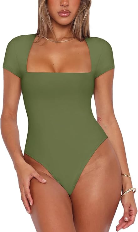 REORIA Womens Sexy Square Neck Double Lined Shirt Stretchy Basic Short Sleeve Going Out Thong Bod... | Amazon (US)