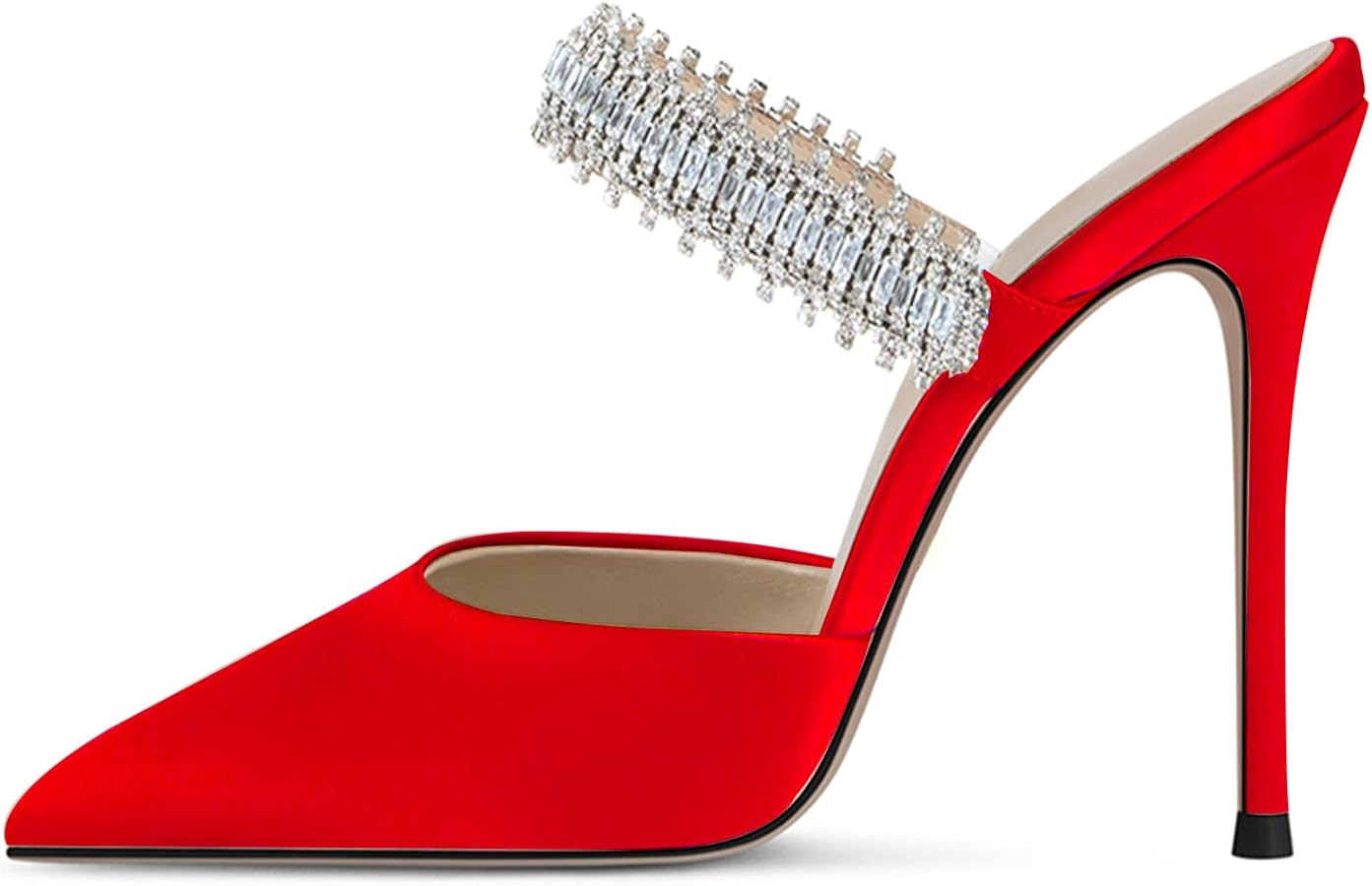 BlingQueen Women Heeled Mules Rhinestone Embellished Strap Pointed Toe Mules Satin Stiletto High ... | Amazon (US)