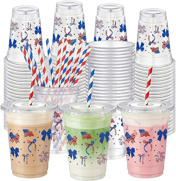 Sliner 50 Pcs 16 oz 4th of July Disposable Plastic Cups with Straw Lid American Patriotic Party D... | Amazon (US)