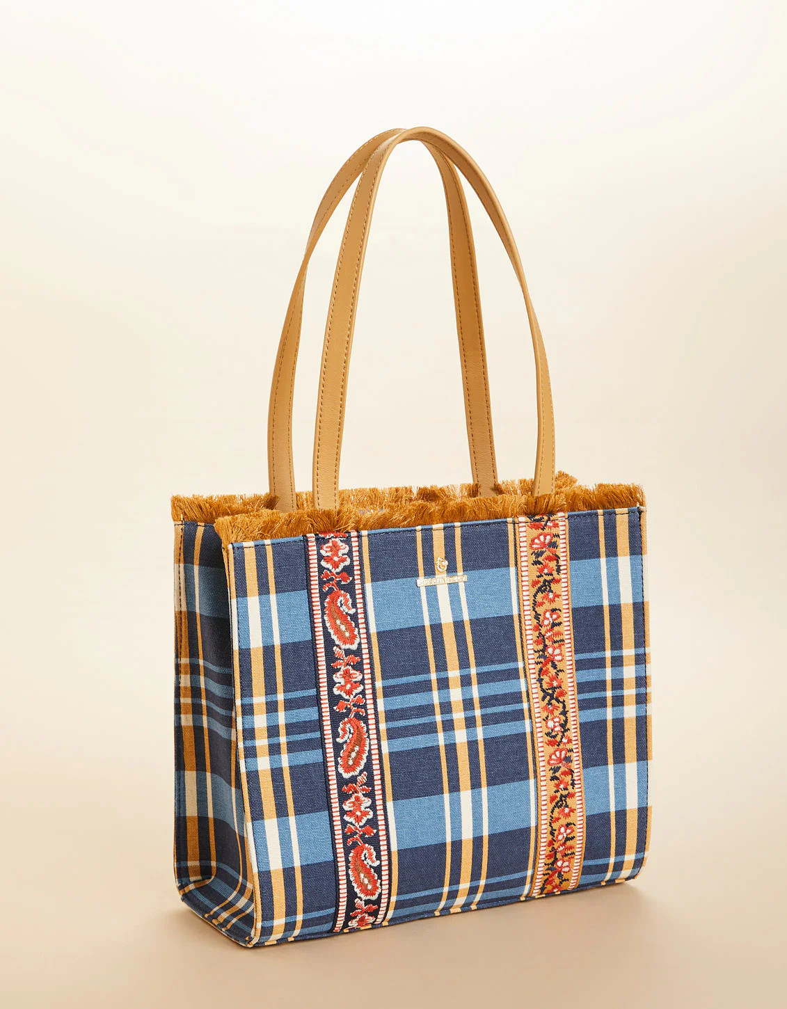 Fringe Box Tote Kalalanta Plaid Navy | Spartina 449