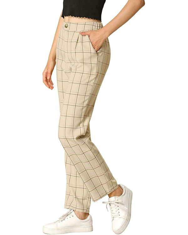 Allegra K Women's Plaid Pants Elastic Waist Casual Work Office Long Trousers | Amazon (US)