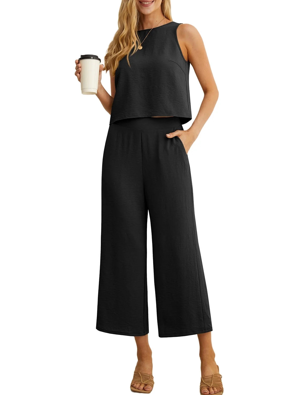 Cueply Women's Summer 2 Piece Outfits Lounge Sets Sleeveless Crop Top Wide Leg Cropped Pants with... | Walmart (US)