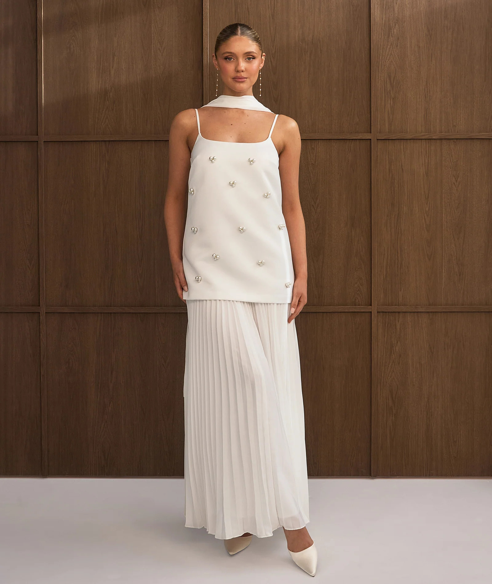 Pearl Embellished Maxi Dress with Neck Scarf - White | Six Stories