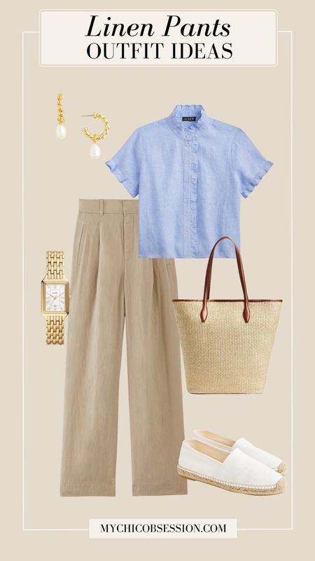 Style linen pants for work by pairing them with a French blue button-up from J.Crew. Accessorize with a woven tote from Madewell, a gold watch from Fossil, organic pearl earrings, and espadrille flats.

#LTKWorkwear #LTKSeasonal #LTKStyleTip