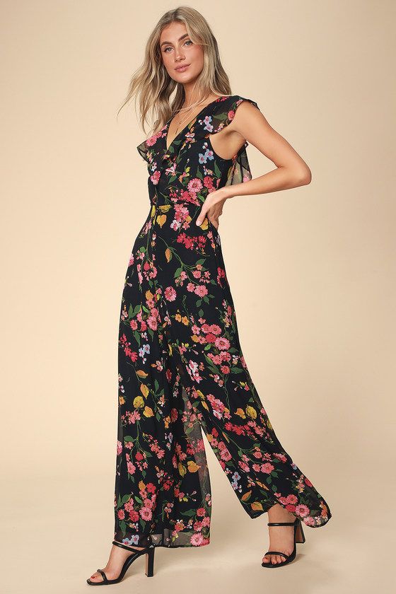 Blooming Love Black Floral Print Ruffled Jumpsuit | Lulus (US)