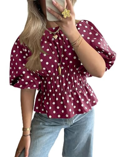 Cicy Bell Womens Polka Dots Peplum Tops Summer Puff Short Sleeve Round Neck Blouses Trendy Casual Shirts Wine Red | Amazon (US)