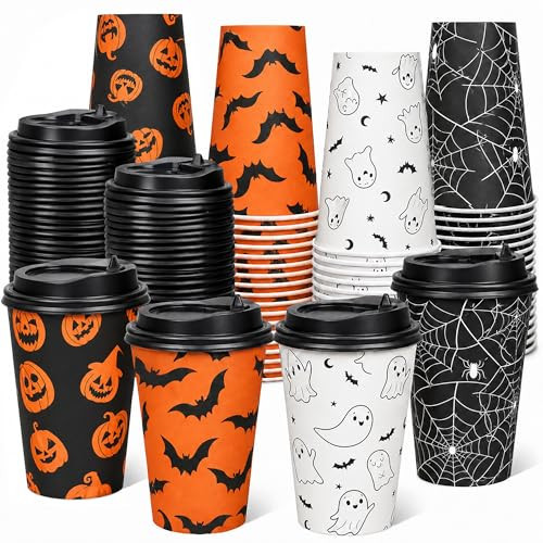 Halloween Paper Cups with Lids, 80 Pack 12 oz Coffee Cups, 4 Designs | Amazon (US)