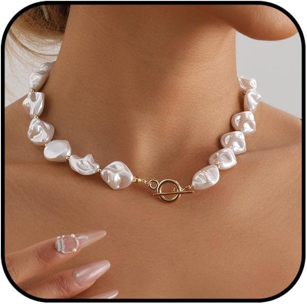 Chunky Pearl Necklace for Women Baroque Pearl Choker Necklace White Freshwater Pearl Necklace Dai... | Amazon (US)