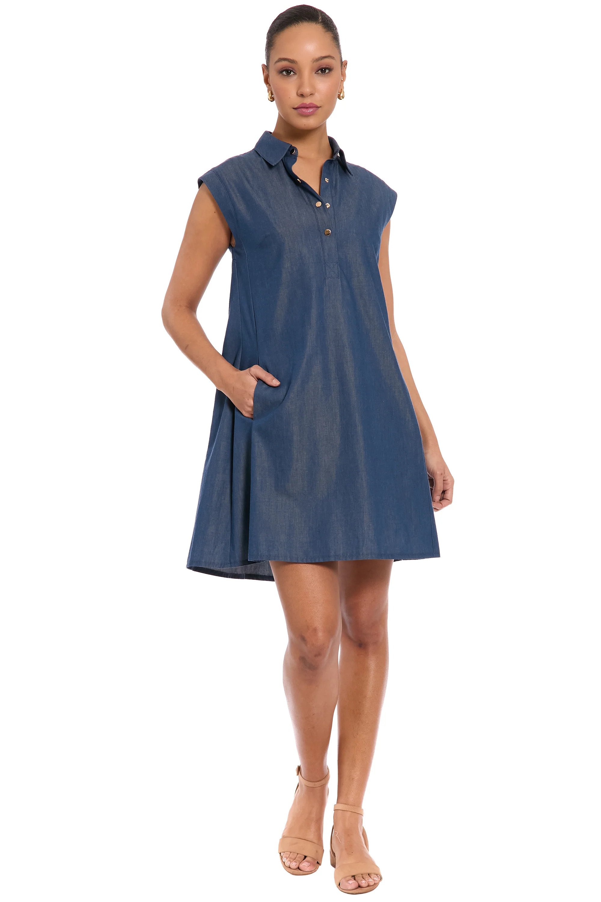 Tessa Cotton Denim Collared Sleeveless Dress A-Line | London Times | Maggy London