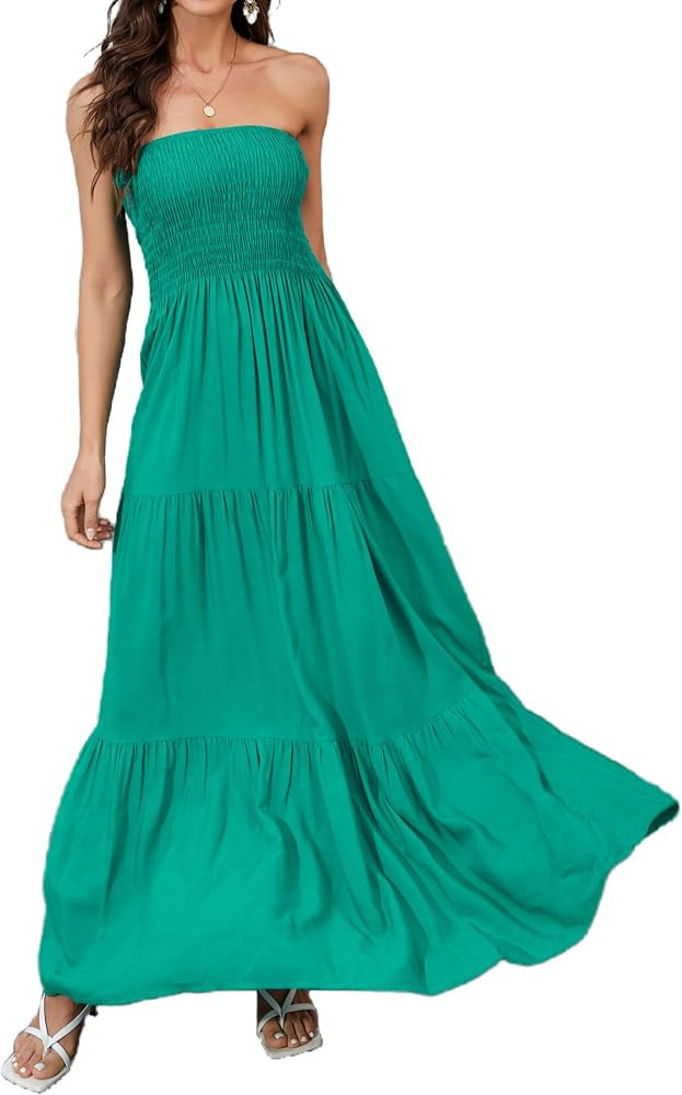 Women Strapless A Line Maxi Dress Tube Top Backless Casual Summer Dress | Amazon (US)