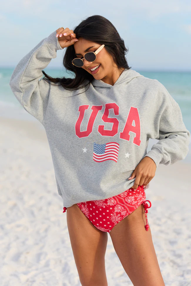 Athletic USA Flag Light Grey Graphic Hoodie | Pink Lily